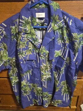 Rhude Blue Palm-Print Short Sleeve Camp Shirt